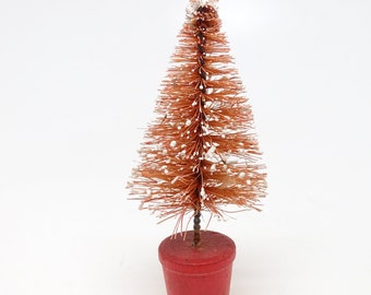 Vintage Small 1950's 3 1/2 Inch Red Sisal Bottle Brush Christmas Tree with Snow Flocking, Antique Decor