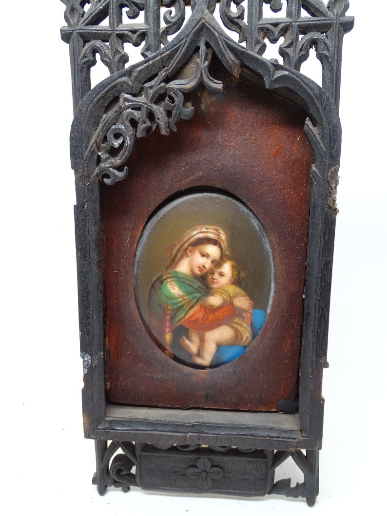 Antique 1800's Hand Painted AS IS Miniature Portrait of Saint Mary with Christ Child Jesus in Hand Carved Wooden Frame, Vintage Painting image 2