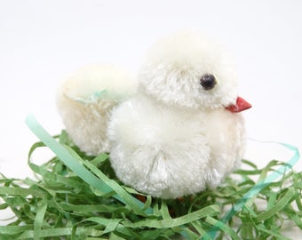 Vintage 1950's Easter Chenille Chick with Wire Legs. Spun Cotton Body, Antique MCM Retro Decor