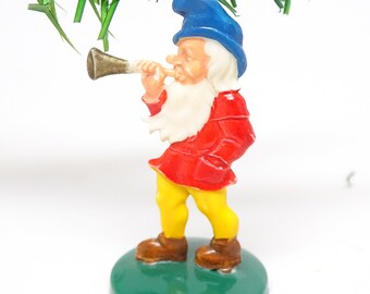 Vintage German Christmas Elf Playing Horn, Antique Hand Painted Plastic Toy, Antique Santa Gnome Dwarf