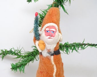 Antique 1940's Santa Christmas Ornament Hand Painted Clay Face, Cotton Beard, Spun Cotton Hands & Legs