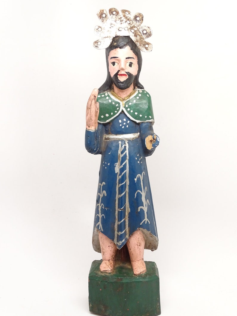 Early 1900's Antique Santos with Tin Halo, Vintage Polychrome Saint Religious Statue, Religious Church Folk Art image 2