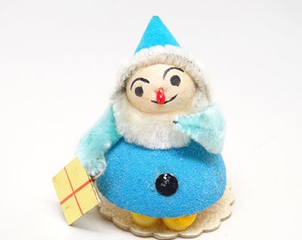 Vintage Spun Cotton Santa with Gift for Christmas, Blue Top Hat, MCM Retro Holiday Decor