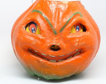 Large 7 Inch Vintage 1940's Halloween Smiling Jack-O-Lantern, made with Pulp Paper Mache, Antique, Retro jol, Orange with Green Accents