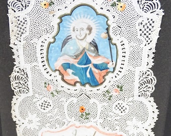 Antique 1800's Canivet Miniature Portrait Saint Jacobus, Hand Cut Scissor Work, Hand Painted Religious Folk Art, Saint James Holy Card