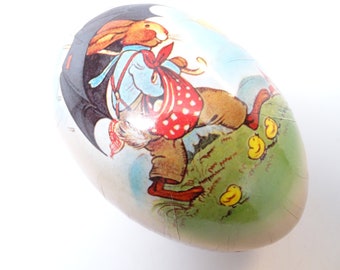 Vintage Large German Easter Egg 6 Inches, Candy Container, Rabbit Chickens, M Drechsel Erzgebirge,  Made in Germany