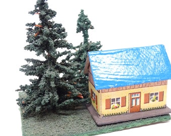Vintage German Christmas House with Trees for Putz or Nativity, Germany, Retro Lithographs on Cardboard