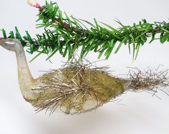 Antique Victorian Wire Wrapped Mercury Glass Swan Christmas Tree Ornament with Tinsel Tail, Vintage Hand Blown Bird