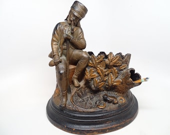Antique 1800's Large Victorian Terracotta Clay Figural Hunter Tobacco Smoking Stand, Match Holder,  German