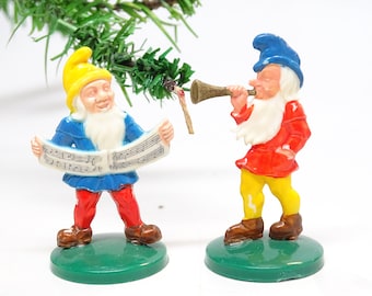 2 Vintage German Christmas Elves with Music and horn, Antique Hand Painted Plastic Toy, Antique Gnome Dwarf