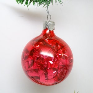 Antique Un-silvered Glass with Tinsel Christmas Tree Ornament, Vintage Holiday Decor image 1