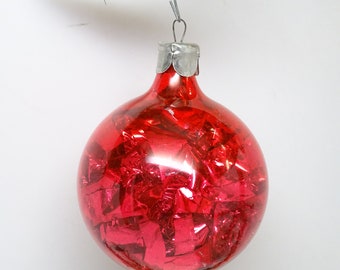 Antique Un-silvered  Glass with Tinsel Christmas Tree Ornament, Vintage Holiday Decor