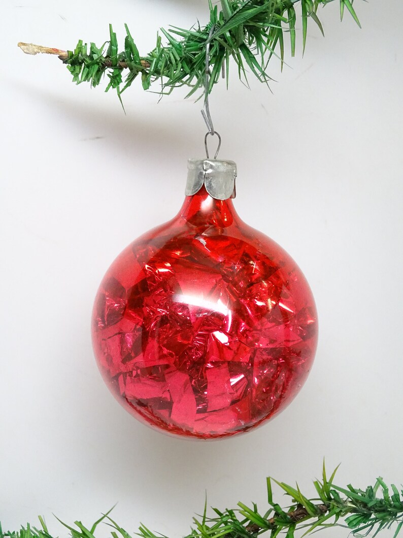 Antique Un-silvered Glass with Tinsel Christmas Tree Ornament, Vintage Holiday Decor image 1