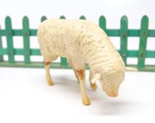 Antique German Composition Sheep with Wooden Stick Legs, Hand Painted Face, for Putz or Christmas Nativity Creche, Vintage Lamb Germany