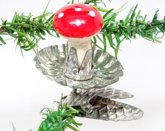 Vintage German  Spun Cotton Mushroom Clip On Christmas Tree Ornament, Antique Hand Painted Feather Tree Decor, Germany