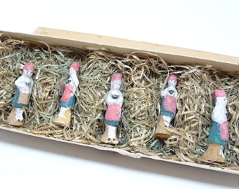 5 Antique Miniature German Hand Painted Composite Girl or Woman  in Original Box, Vintage Toy  for Putz or Nativity,  US Zone Germany