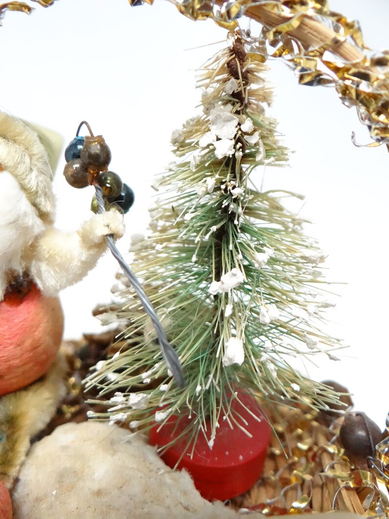 Mercury Glass Beads Tree Vintage Christmas Ornament Santa /& Sheep in Basket with Pine Cones