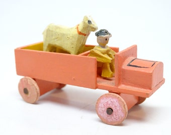 Antique German Erzgebirge Truck and Driver with His Dog, Vintage Toy Delivery Vehicle Made in Germany