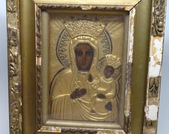 Antique 1800's Hand Painted Icon of Virgin Mary Holding the Christ Jesus, Repoussé Metal, Under Glass