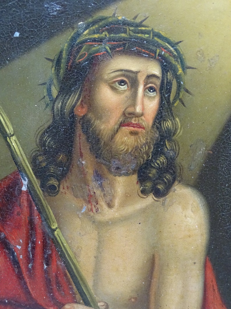 Antique 1800's Retablo, Jesus Christ Wearing Crown of Thorns, Framed Original Oil Painting on Tin, Vintage Religious Folk Art image 1