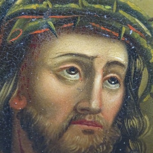 Antique 1800's Retablo, Jesus Christ Wearing Crown of Thorns, Framed Original Oil Painting on Tin, Vintage Religious Folk Art image 6