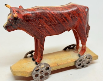 Antique German Bull Pull Toy, Vintage Hand Painted Wood with Tin Wheels