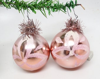2 Antique 1950's Painted Mercury Glass Christmas Tree Ornaments with Glittered Flowers and Tinsel, Vintage Holiday Decor