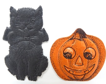 Antique German Small Black Cat & Jack-o-lantern Halloween Die Cut Embossed, Vintage Party Decor, Germany