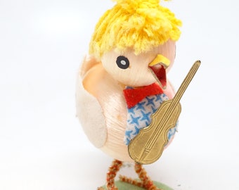 Vintage Easter Chick with Guitar, Chenille Legs, MCM Retro Toy, Original Paper Label, JAPAN