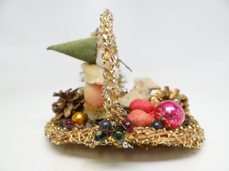 Mercury Glass Beads Tree Vintage Christmas Ornament Santa /& Sheep in Basket with Pine Cones