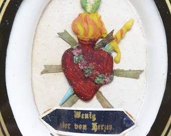 Antique German Sacred Heart of Jesus Icon, Vintage Nun's Work Religious Shrine, Wenig Ober Von Herzen