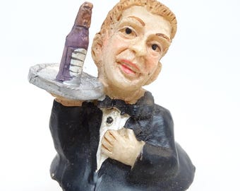 Antique German Hand Painted Bottle Stopper, Vintage Waiter with Wine on Tray