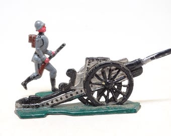 2 Vintage Hand Painted Lead Toys, Foot Soldier and Canon, Antique