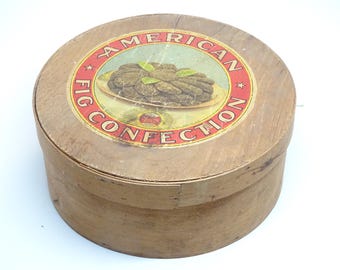 Antique American Fig Bentwood Box with Original Paper Lithographed Label, Vintage Farm House