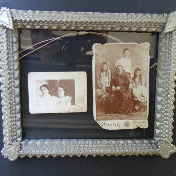 Early 1900's Tramp Art Frame Antique Hand Chipped Layered Wood, Silver with Hearts