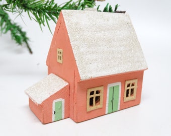 Antique 1940's German Wooden Christmas House, Hand Made, Vintage Hand Painted Wood for Nativity Putz or Creche, Germany