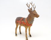 Antique Small German Reindeer Hand Painted Composite, Vintage Deer for Christmas Putz or Nativity