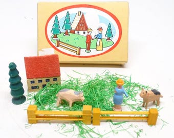 Antique German Wooden House, Fence, Woman, Pig, Dog in Original East Germany Box
