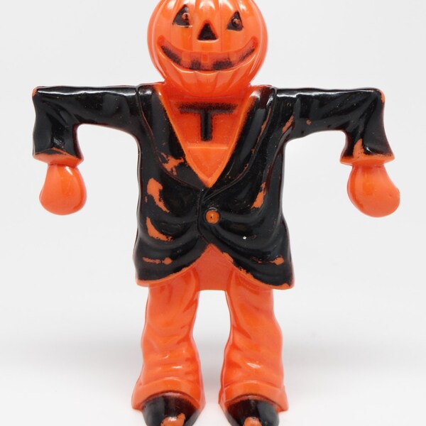 Vintage 1950's Halloween Candy Container, Scarecrow Man with Jack-o-lantern Head