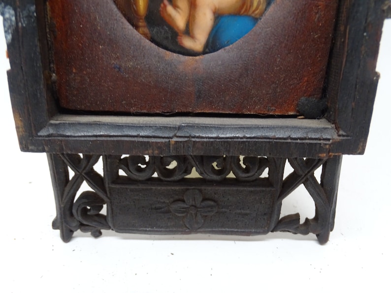 Antique 1800's Hand Painted AS IS Miniature Portrait of Saint Mary with Christ Child Jesus in Hand Carved Wooden Frame, Vintage Painting image 4
