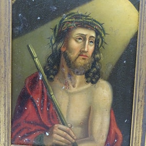 Antique 1800's Retablo, Jesus Christ Wearing Crown of Thorns, Framed Original Oil Painting on Tin, Vintage Religious Folk Art image 4