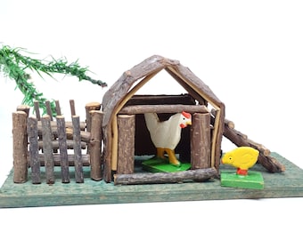 Antique German Twig Barn with Chick and Rooster, Hand Made  for Putz or Christmas Nativity Creche, Vintage Retro Toy