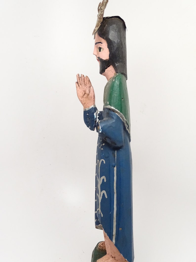 Early 1900's Antique Santos with Tin Halo, Vintage Polychrome Saint Religious Statue, Religious Church Folk Art image 6