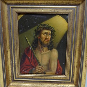 Antique 1800's Retablo, Jesus Christ Wearing Crown of Thorns, Framed Original Oil Painting on Tin, Vintage Religious Folk Art image 3