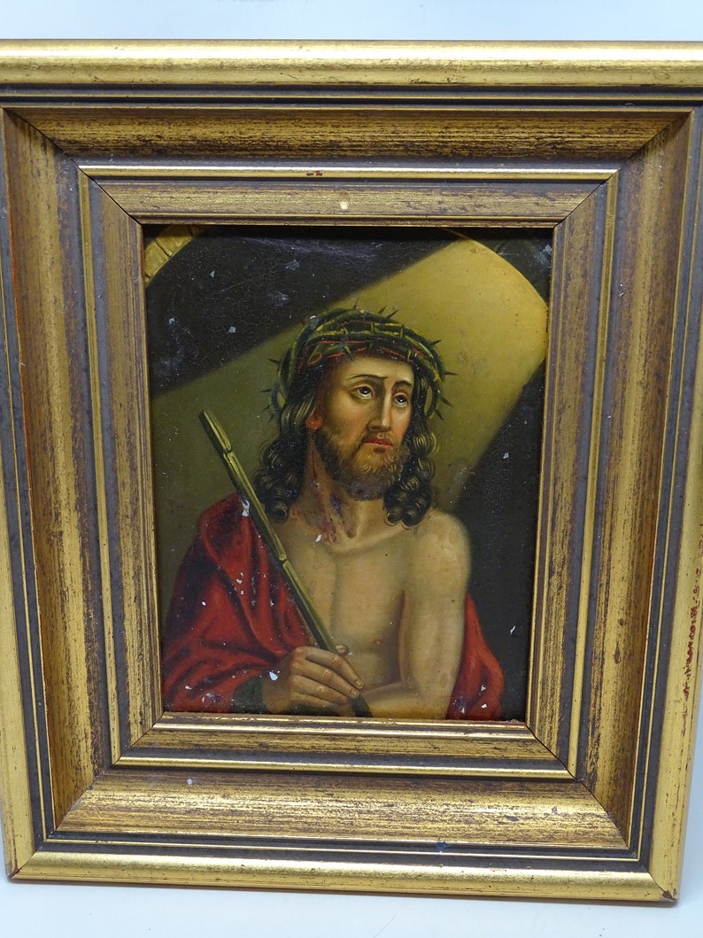 Antique 1800's Retablo, Jesus Christ Wearing Crown of Thorns, Framed Original Oil Painting on Tin, Vintage Religious Folk Art image 3