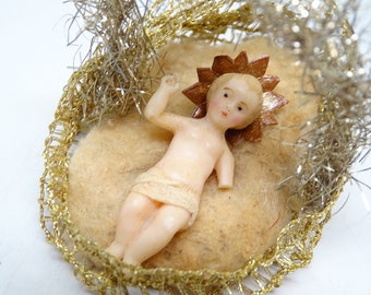 Antique French Wax Baby Jesus in Braided Basket Bassinet, Tinsel Hanger, Christmas Ornament
