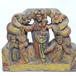 Antique Italian Madonna with Child Jesus, Hand Carved Relief Nativity with Angels, Holy Family, Religious Folk Art from Italy