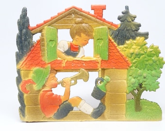 Antique German Christmas Die Cut Ornament, Vintage Boy & Girl Playing in House with Trees