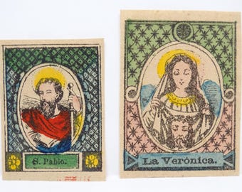 2 Antique Small 1800's Saint Paul the Apostle and La Veronica Holy Cards, Vintage Religious Icon