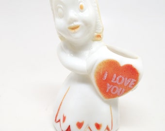 Vintage 1950's Valentine Candy Container, Girl Holding Valentine, TO MY LOVE, Antique Rosbro Plastic